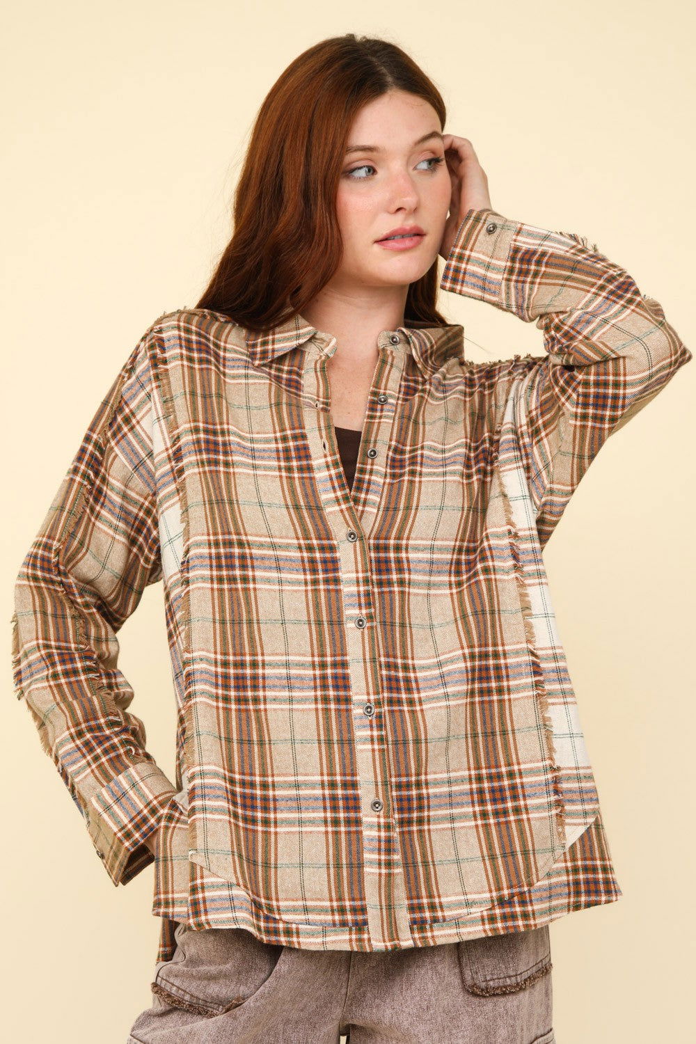 VERY J Contrast Plaid Raw Detail Shirt us.meeeshop - 