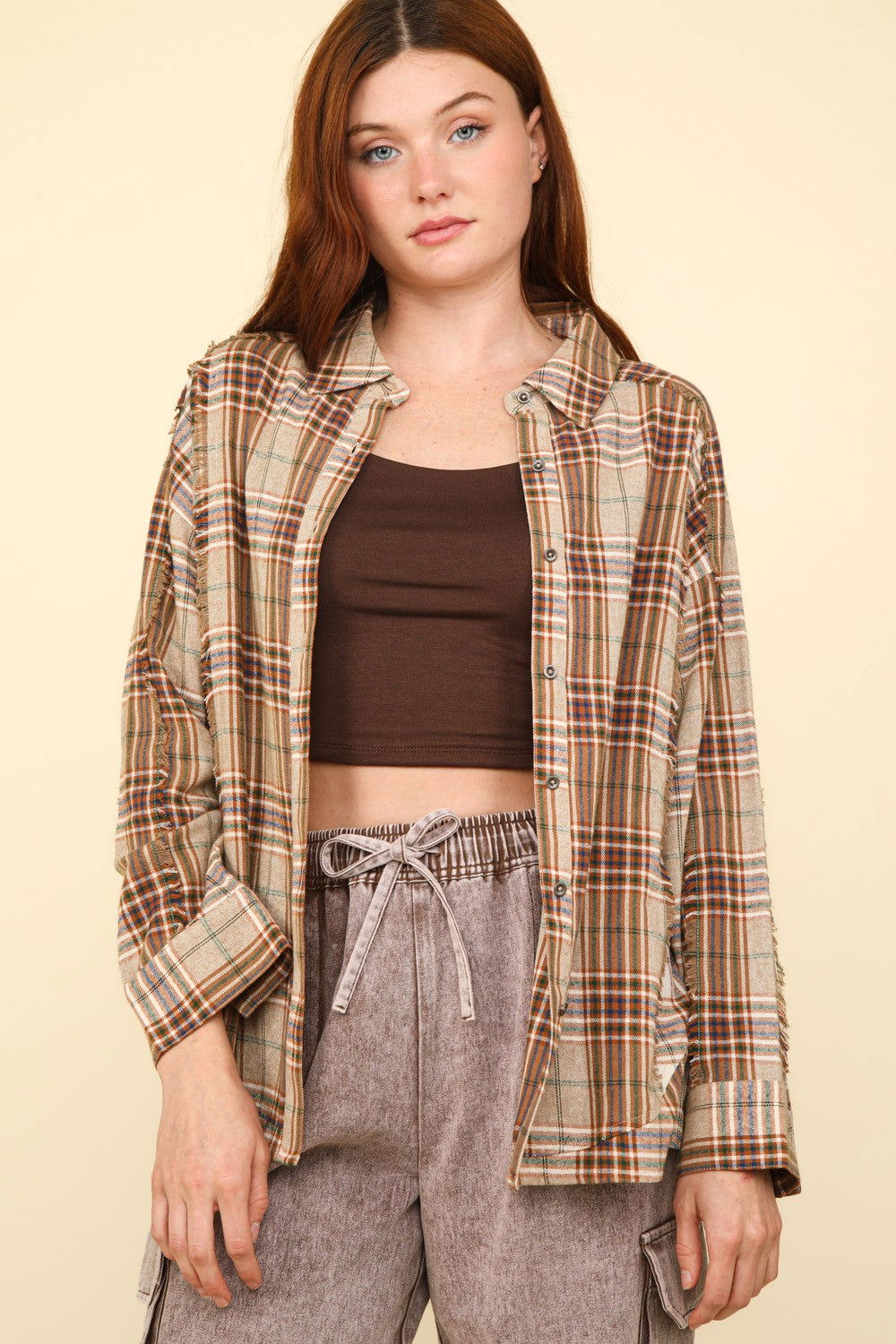 VERY J Contrast Plaid Raw Detail Shirt us.meeeshop - Shirts & Tops