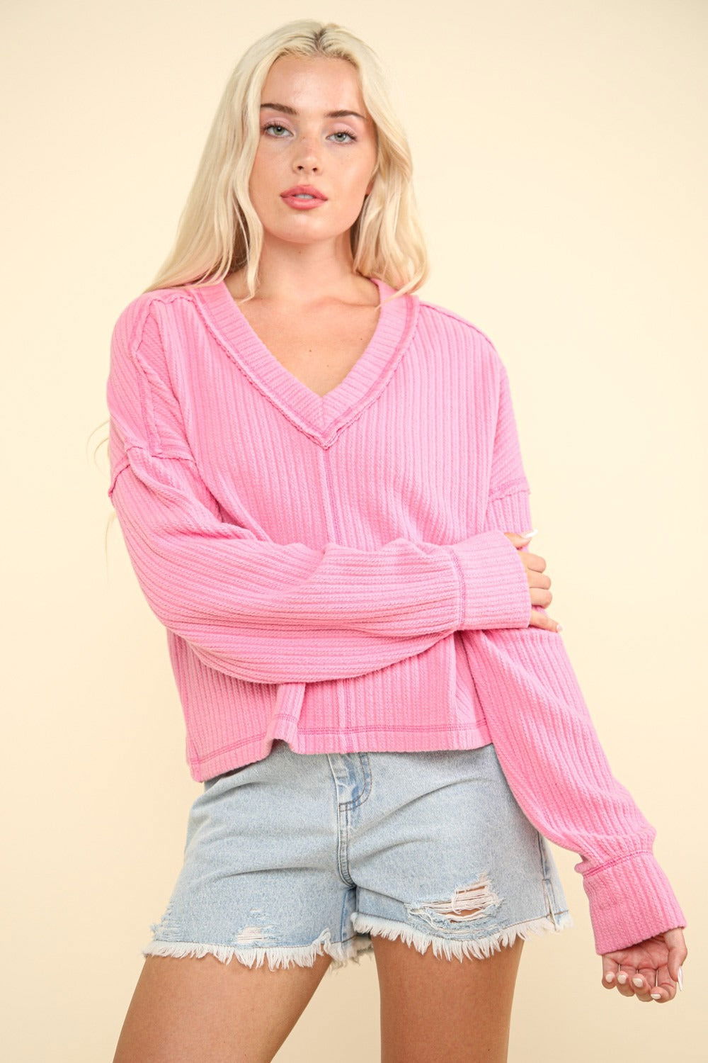 VERY J Exposed Seam V-Neck Ribbed Knit Top us.meeeshop - Shirts & Tops