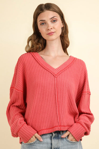 VERY J Exposed Seam V-Neck Ribbed Knit Top us.meeeshop - Shirts & Tops