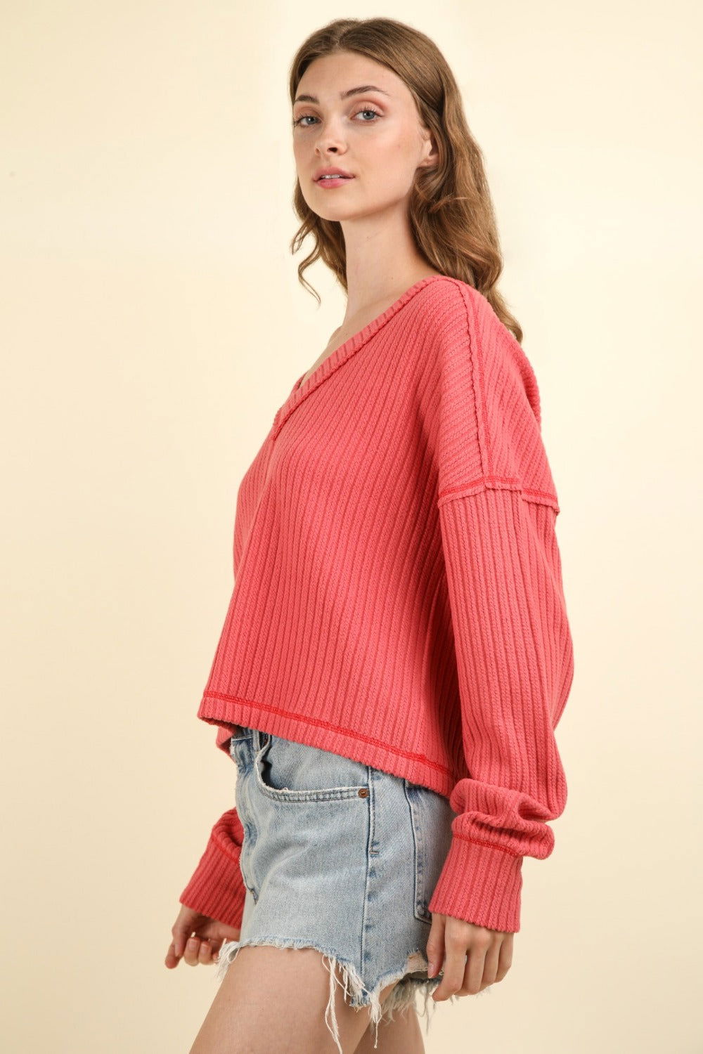 VERY J Exposed Seam V-Neck Ribbed Knit Top us.meeeshop - 