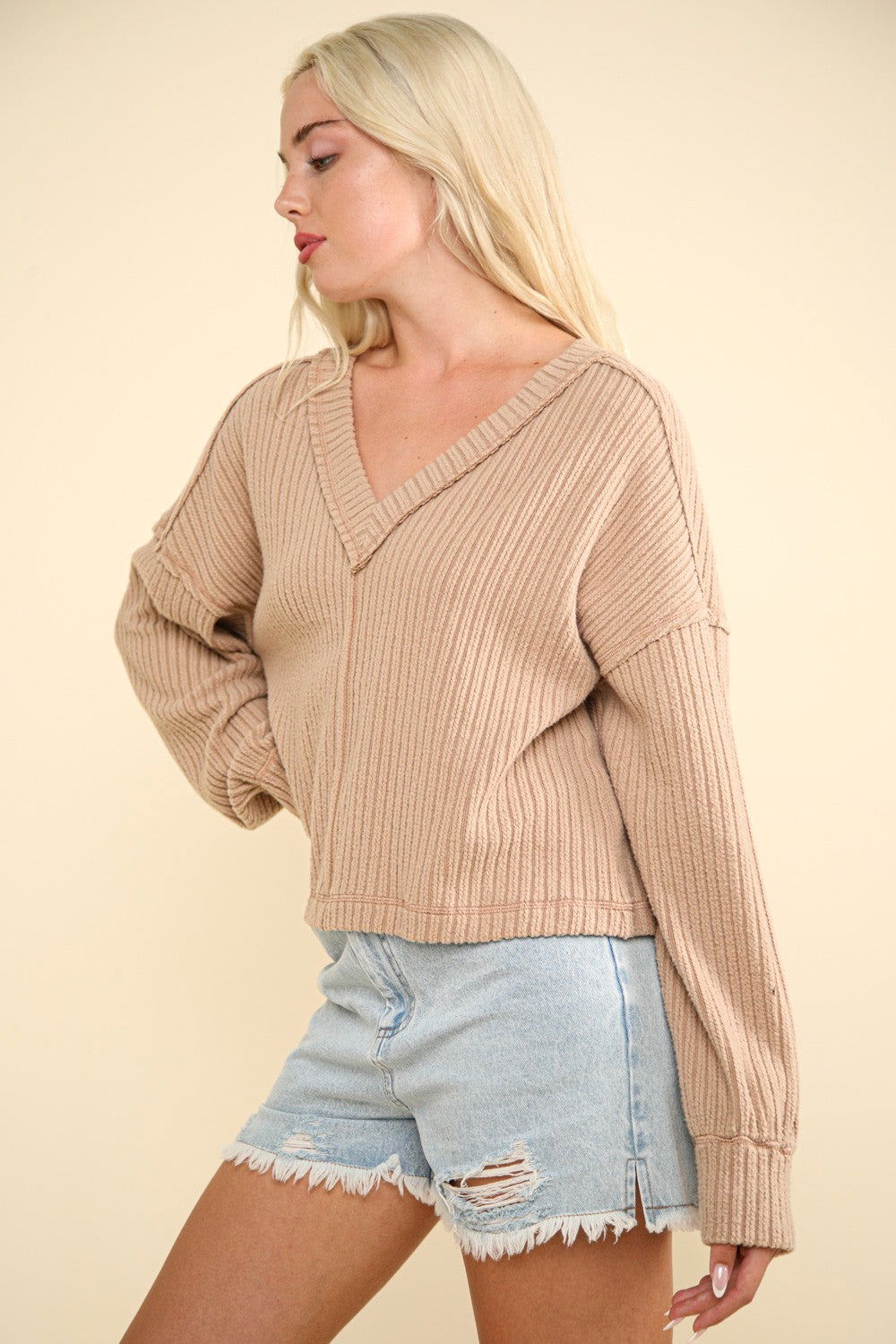 VERY J Exposed Seam V-Neck Ribbed Knit Top us.meeeshop - 