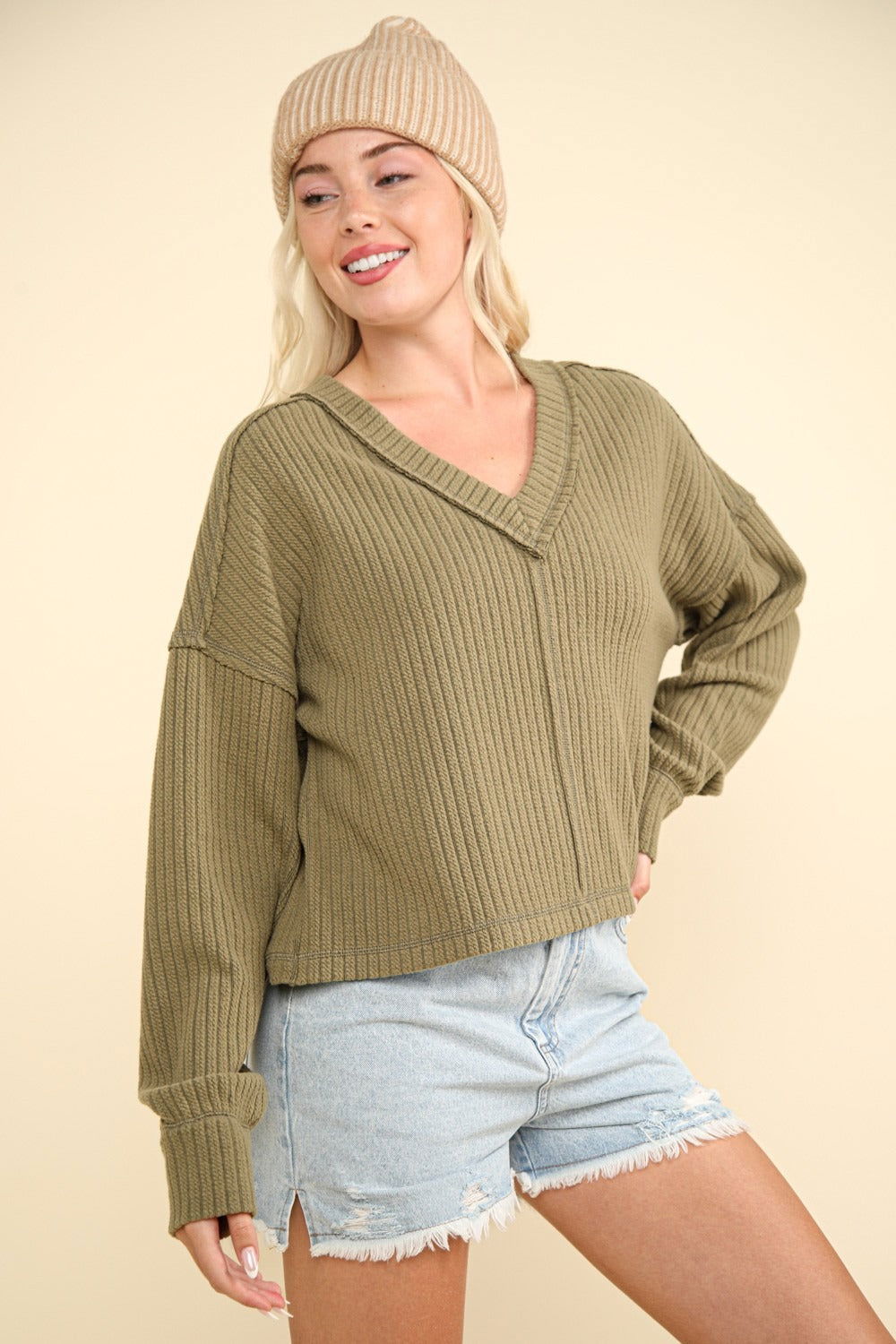 VERY J Exposed Seam V-Neck Ribbed Knit Top us.meeeshop - Shirts & Tops