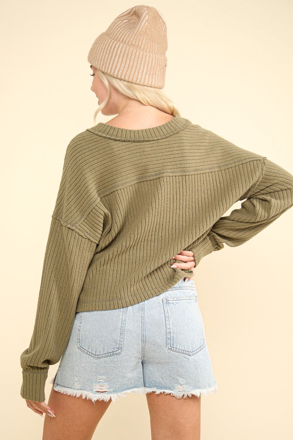 VERY J Exposed Seam V-Neck Ribbed Knit Top us.meeeshop - 