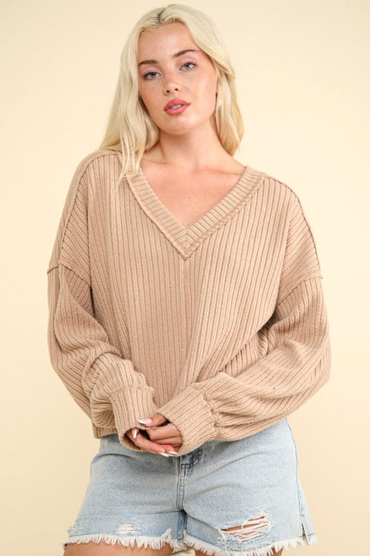 VERY J Exposed Seam V-Neck Ribbed Knit Top us.meeeshop - Shirts & Tops