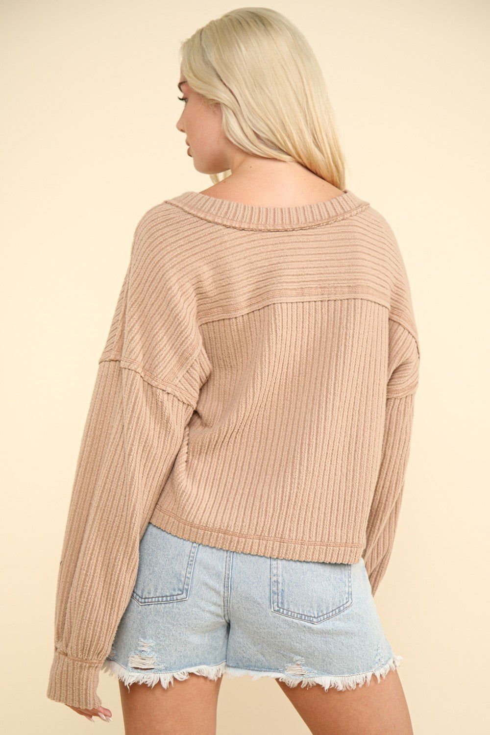 VERY J Exposed Seam V-Neck Ribbed Knit Top us.meeeshop - 