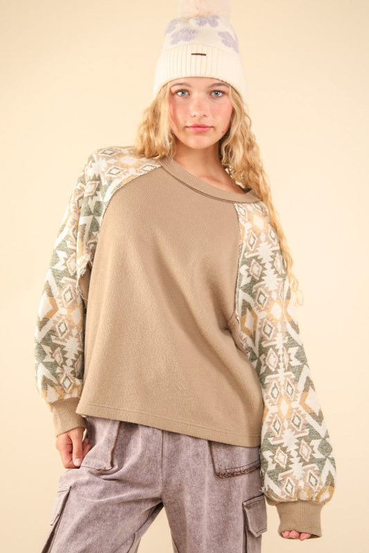 VERY J Printed Long Sleeve Round Neck Knit Top us.meeeshop - Shirts & Tops