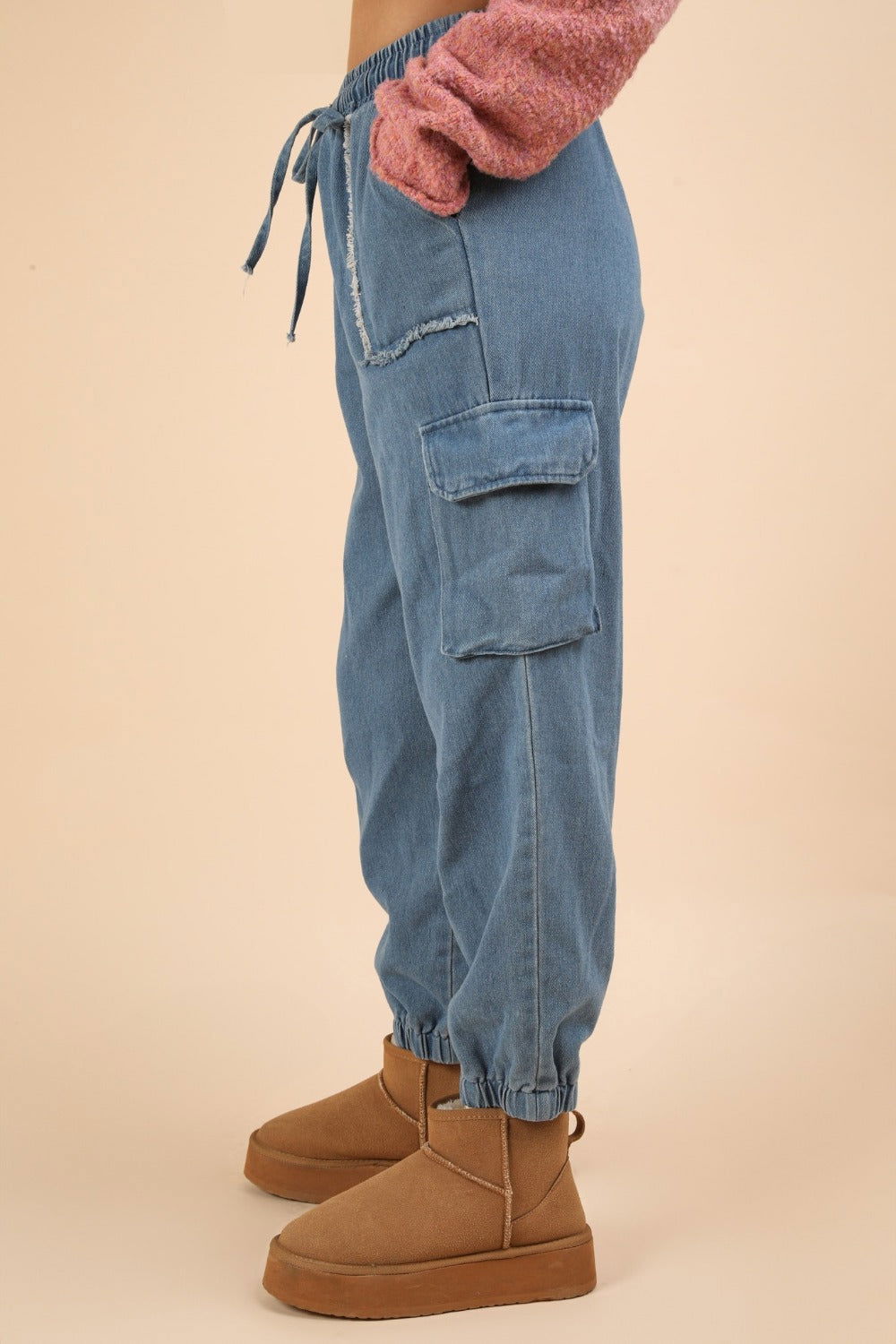 VERY J Washed Drawstring Jogger Cargo Jeans us.meeeshop - 