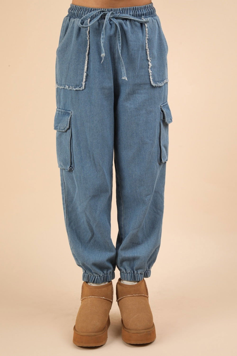 VERY J Washed Drawstring Jogger Cargo Jeans us.meeeshop - Pants