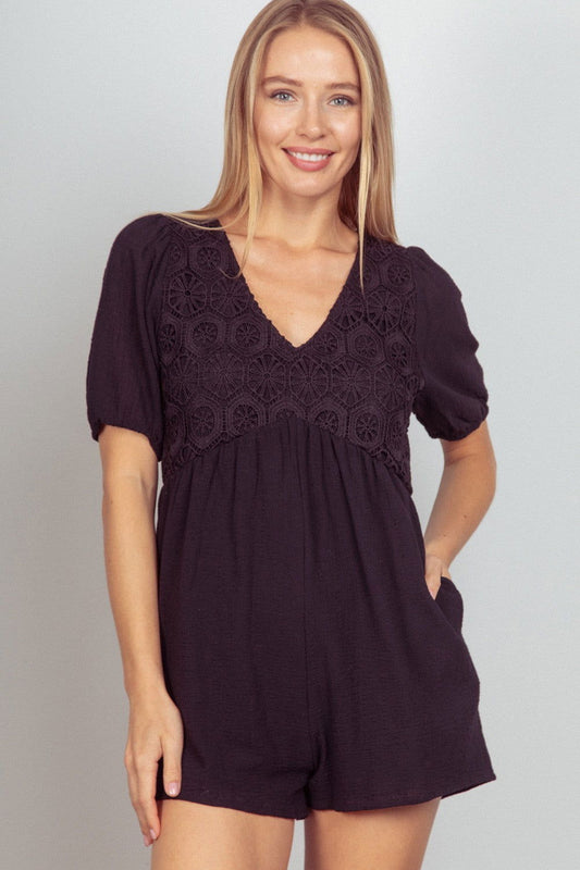 VERY J Lace Detail Puff Sleeve Romper with Pockets - us.meeeshop