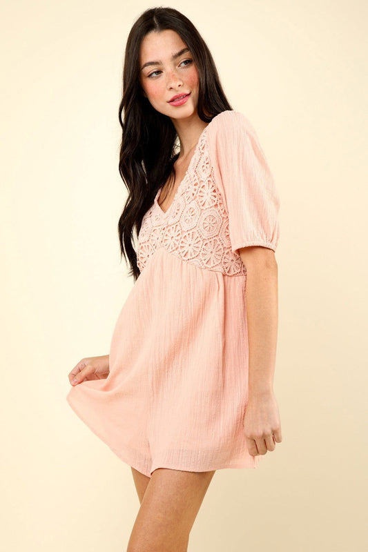 VERY J Lace Detail Puff Sleeve Romper with Pockets - us.meeeshop