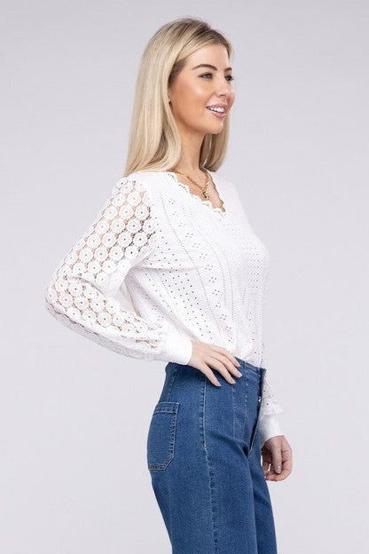 V Neck Lace Trim Top - us.meeeshop