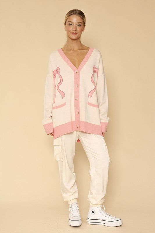 Varsity knit bow cardigan us.meeeshop - 