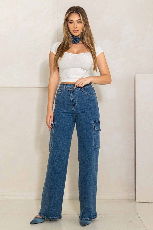 Vibrant MIU High Rise Crossed Waist Cargo Wide Jeans us.meeeshop - Pants