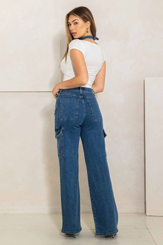 Vibrant MIU High Rise Crossed Waist Cargo Wide Jeans us.meeeshop - 