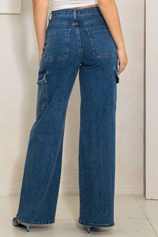 Vibrant MIU High Rise Crossed Waist Cargo Wide Jeans us.meeeshop - 