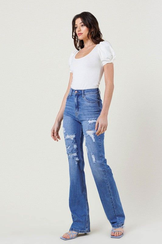 Vibrant MIU High Rise Distressed Straight Leg Jeans us.meeeshop - 