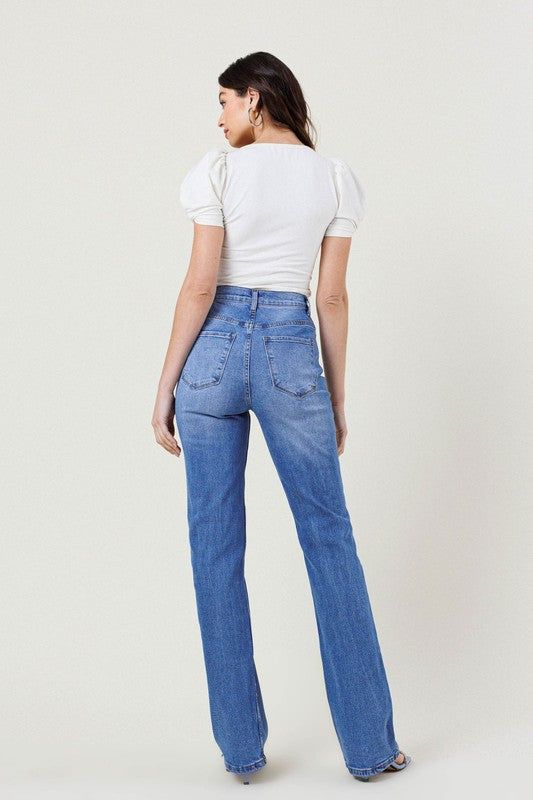 Vibrant MIU High Rise Distressed Straight Leg Jeans us.meeeshop - 