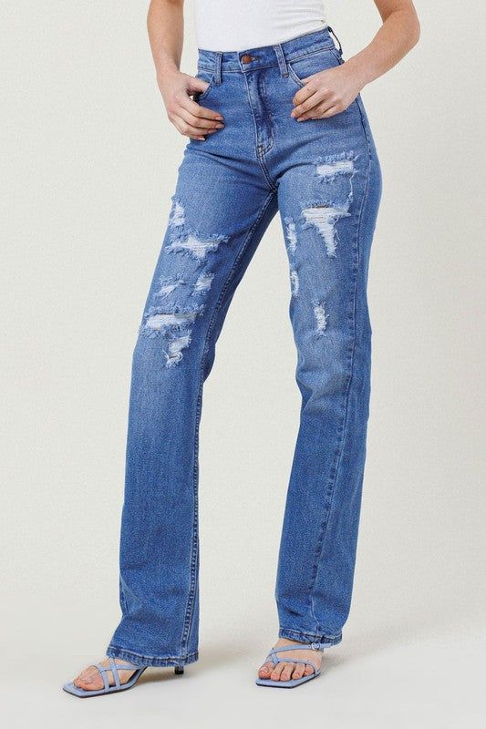 Vibrant MIU High Rise Distressed Straight Leg Jeans us.meeeshop - 