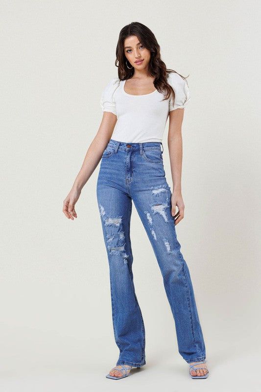 Vibrant MIU High Rise Distressed Straight Leg Jeans us.meeeshop - Pants