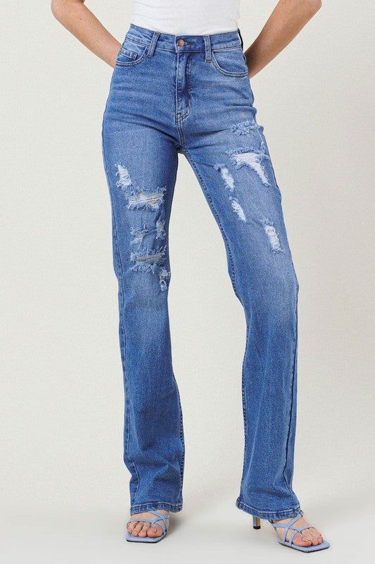 Vibrant MIU High Rise Distressed Straight Leg Jeans us.meeeshop - 