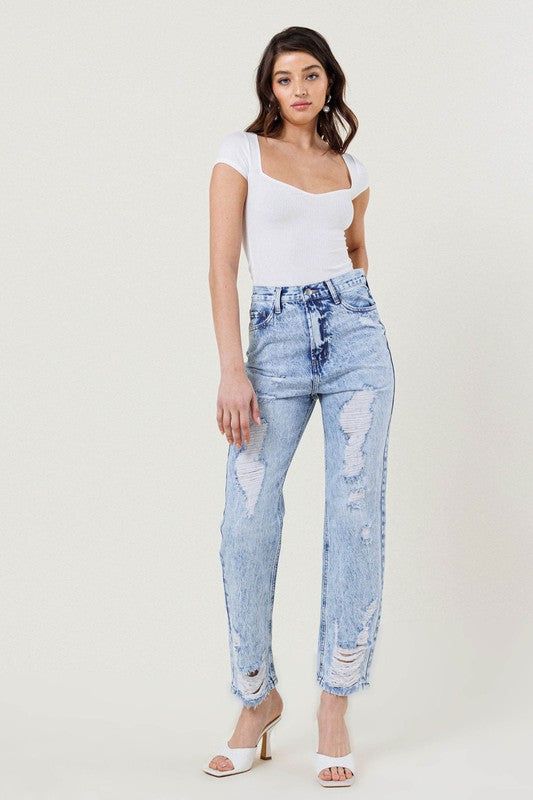 Vibrant MIU High Waisted Straight Leg in Vintage Acid Wash Jeans us.meeeshop - Pants