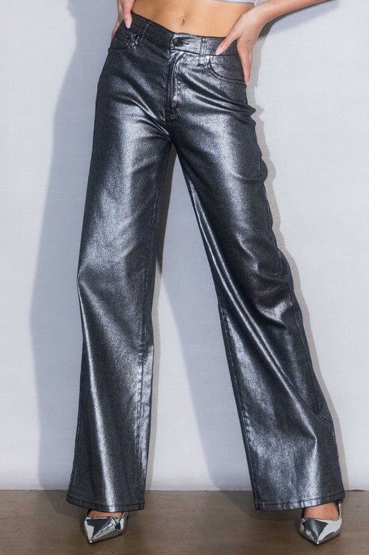 Vibrant MiU Metallic High Rise Wide Jeans us.meeeshop - Pants