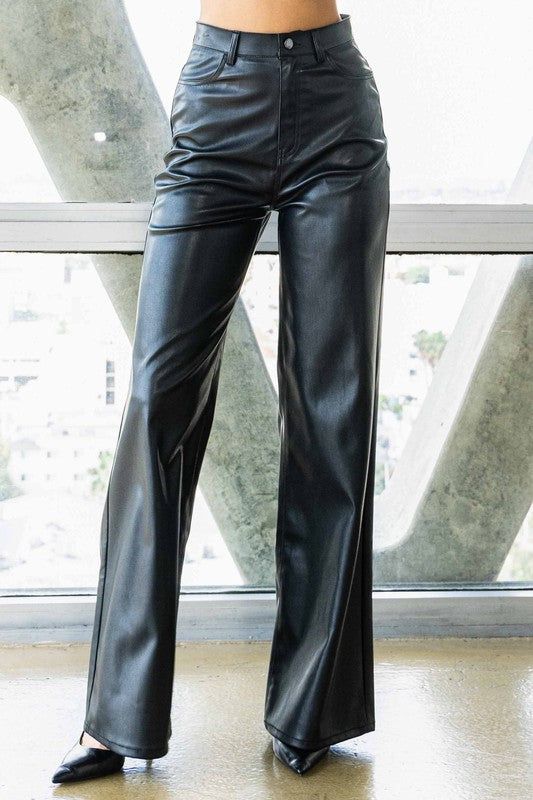 Vibrant MiU Vegan Leather Wide Leg Pants In Black us.meeeshop - Pants