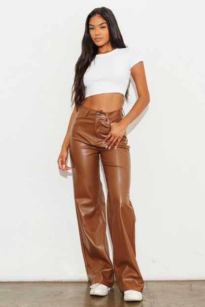 Vibrant MiU Vegan Leather Wide Leg Pants in Cognac us.meeeshop - 