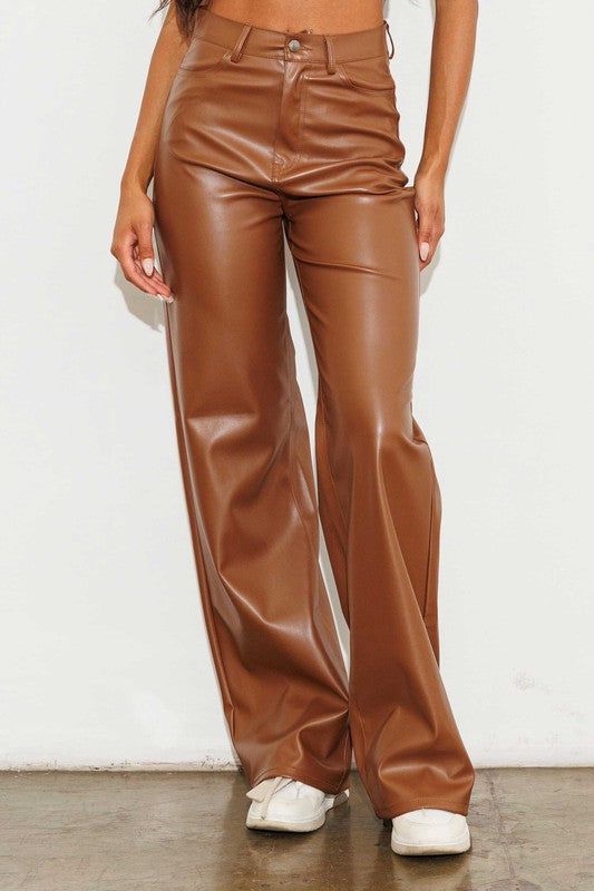 Vibrant MiU Vegan Leather Wide Leg Pants in Cognac us.meeeshop - Pants