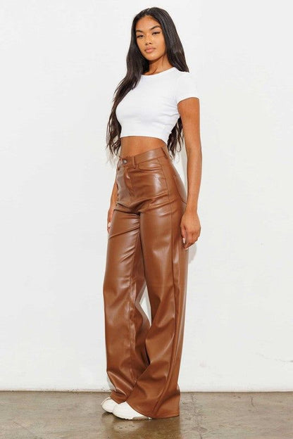 Vibrant MiU Vegan Leather Wide Leg Pants in Cognac us.meeeshop - 