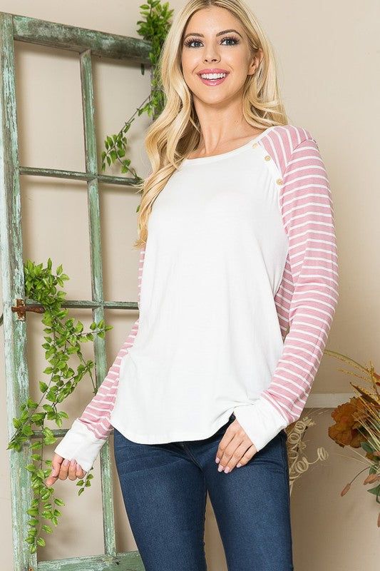 Viscoes Crepe Knit Jersey Stripe Button Top us.meeeshop - 