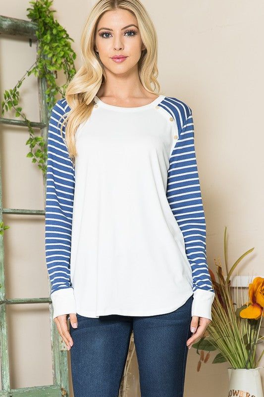 Viscoes Crepe Knit Jersey Stripe Button Top us.meeeshop - 