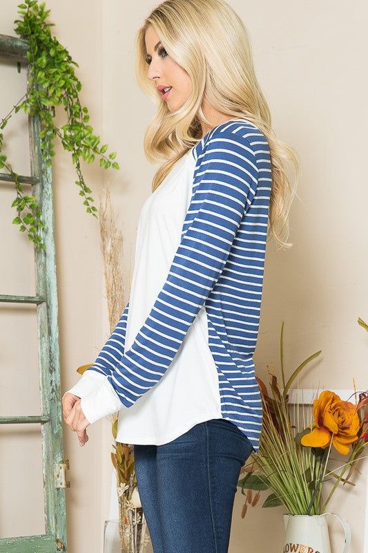 Viscoes Crepe Knit Jersey Stripe Button Top us.meeeshop - 