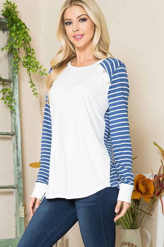 Viscoes Crepe Knit Jersey Stripe Button Top us.meeeshop - 