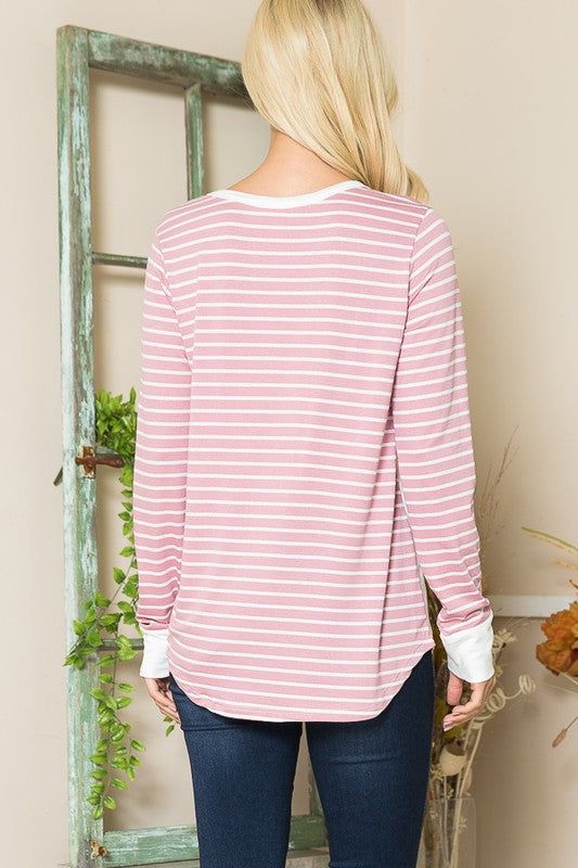 Viscoes Crepe Knit Jersey Stripe Button Top us.meeeshop - 