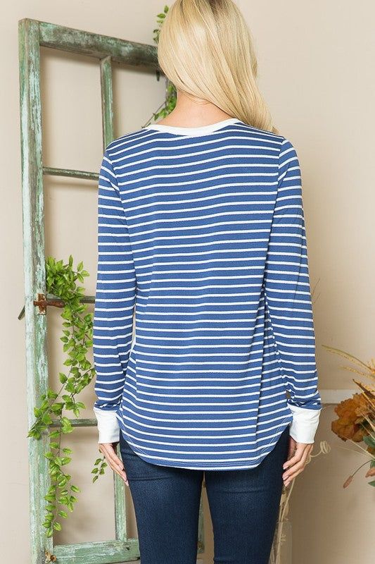 Viscoes Crepe Knit Jersey Stripe Button Top us.meeeshop - 