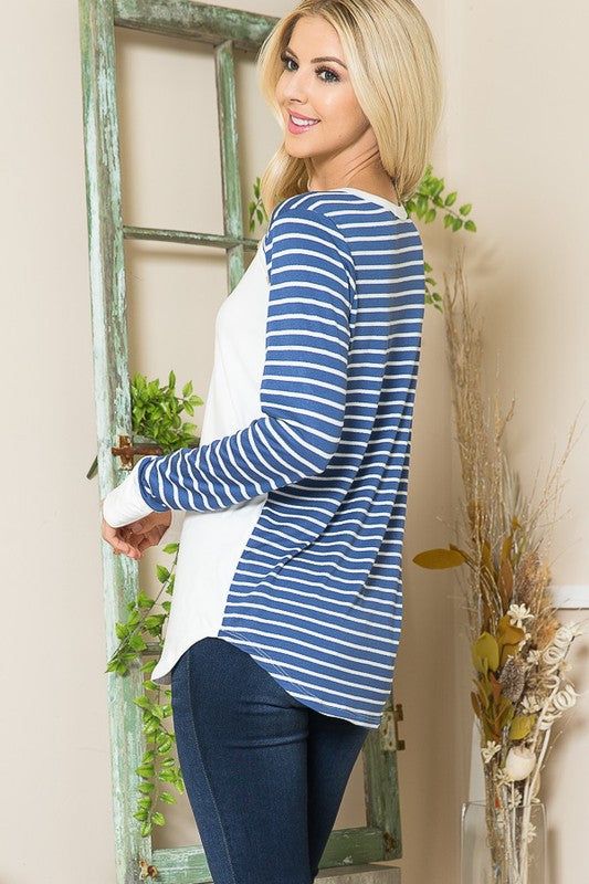 Viscoes Crepe Knit Jersey Stripe Button Top us.meeeshop - 