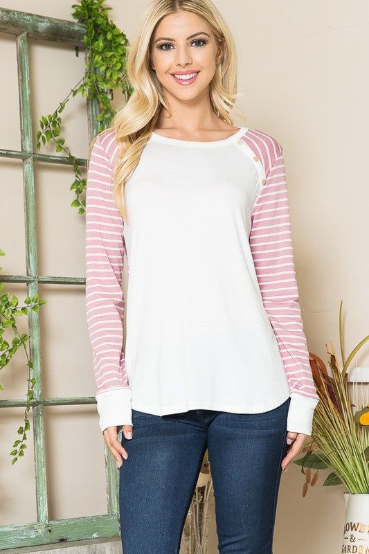 Viscoes Crepe Knit Jersey Stripe Button Top us.meeeshop - 