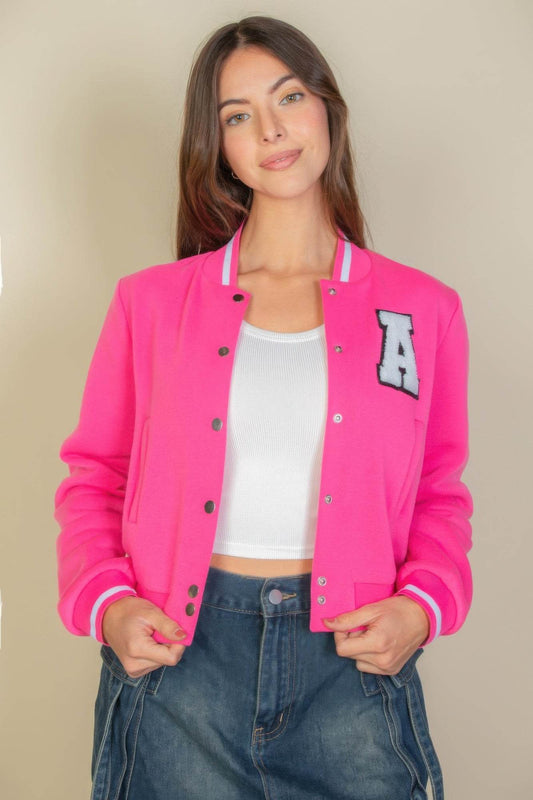 Ezwear Letter Patched Crop Varsity Jacket - us.meeeshop