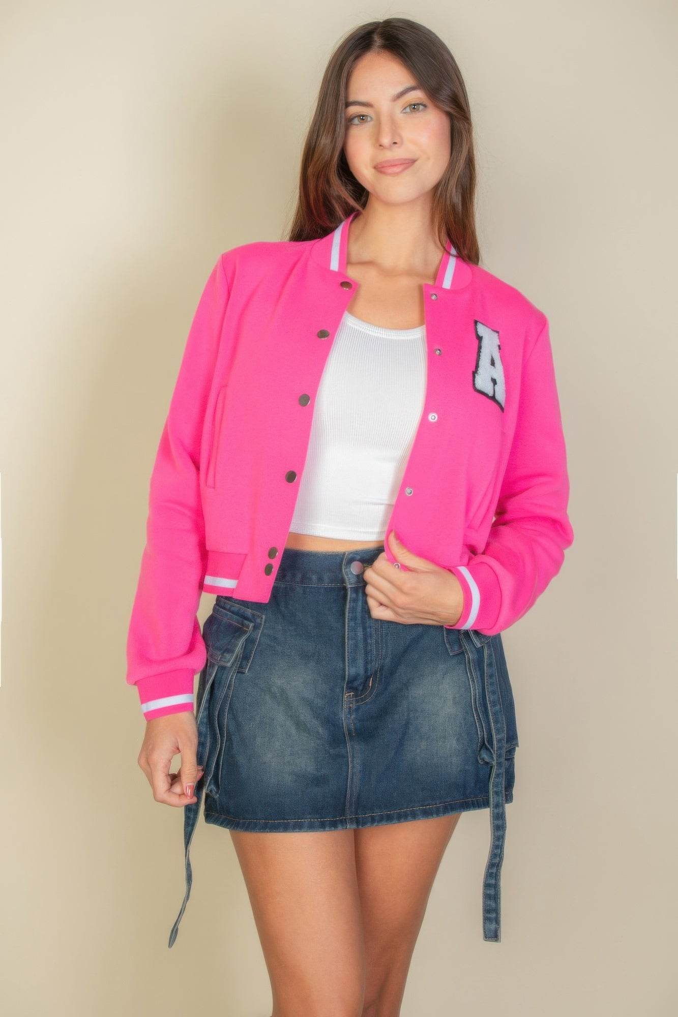 Ezwear Letter Patched Crop Varsity Jacket - us.meeeshop