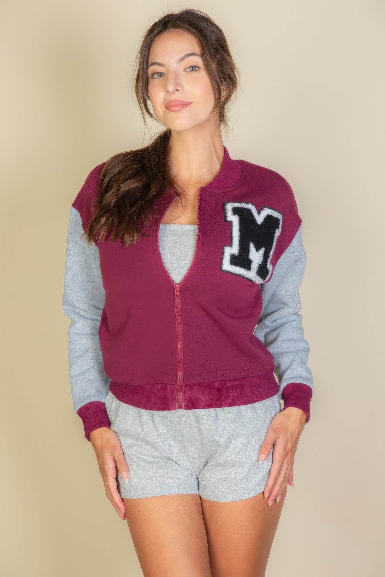 Letter Patched Striped Trim Varsity Jacket - us.meeeshop