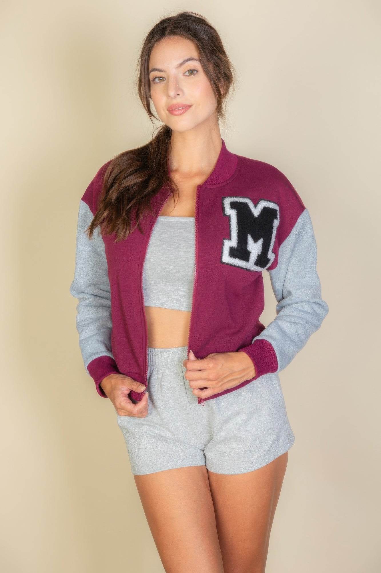 Letter Patched Striped Trim Varsity Jacket - us.meeeshop