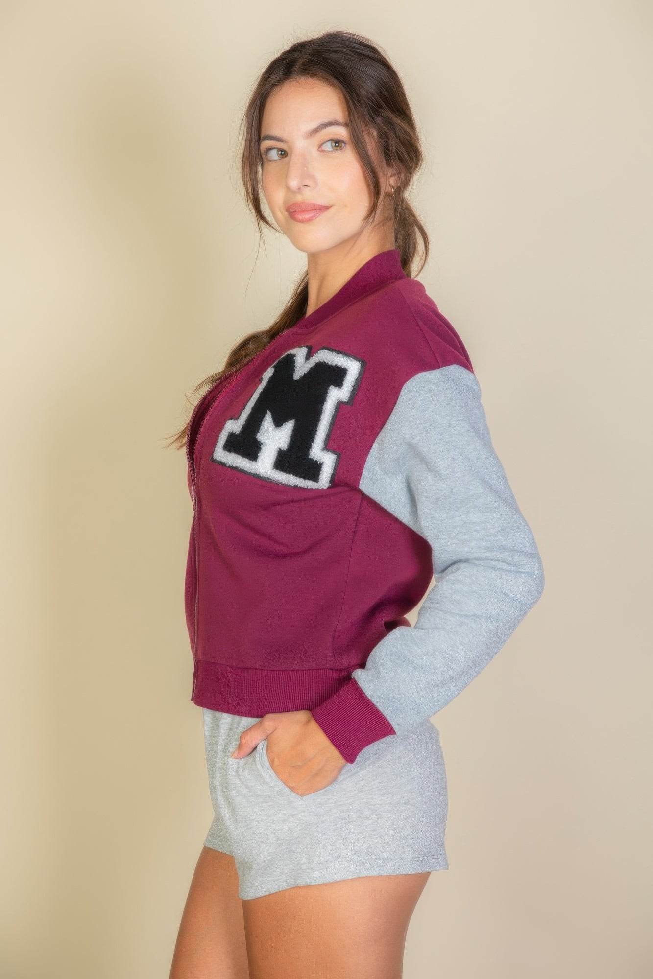 Letter Patched Striped Trim Varsity Jacket - us.meeeshop