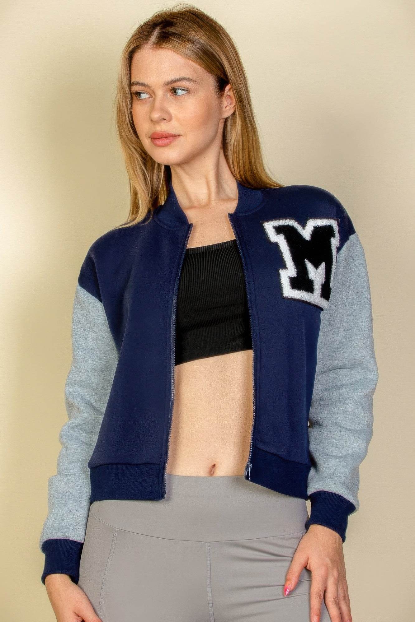 Letter Patched Striped Trim Varsity Jacket - us.meeeshop