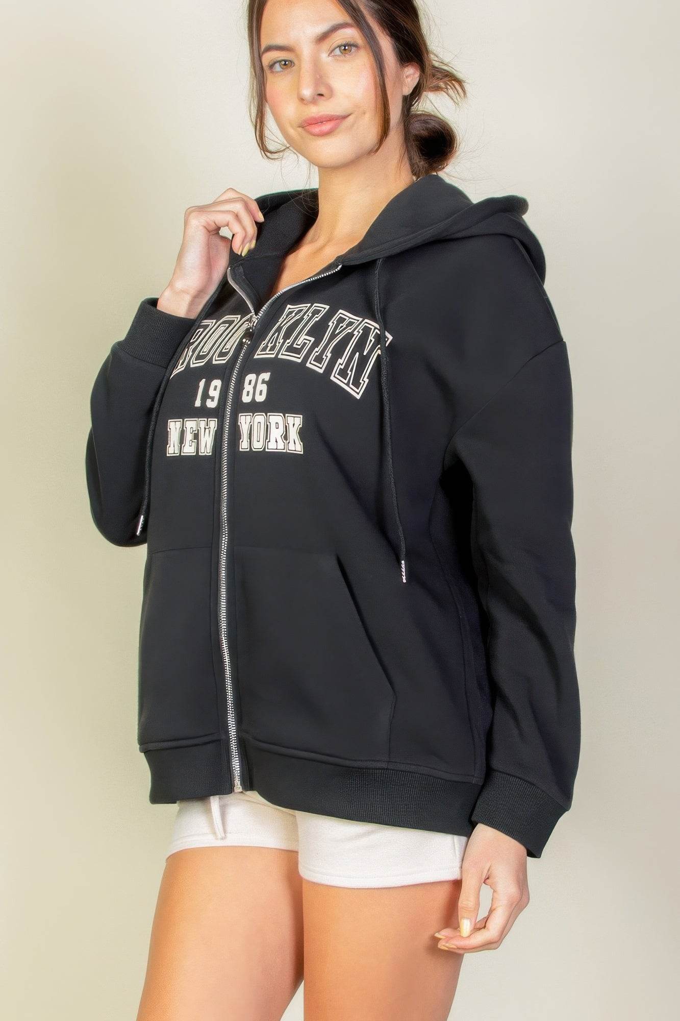 Graphic Drop Shoulder Zipper Up Hoodie - us.meeeshop