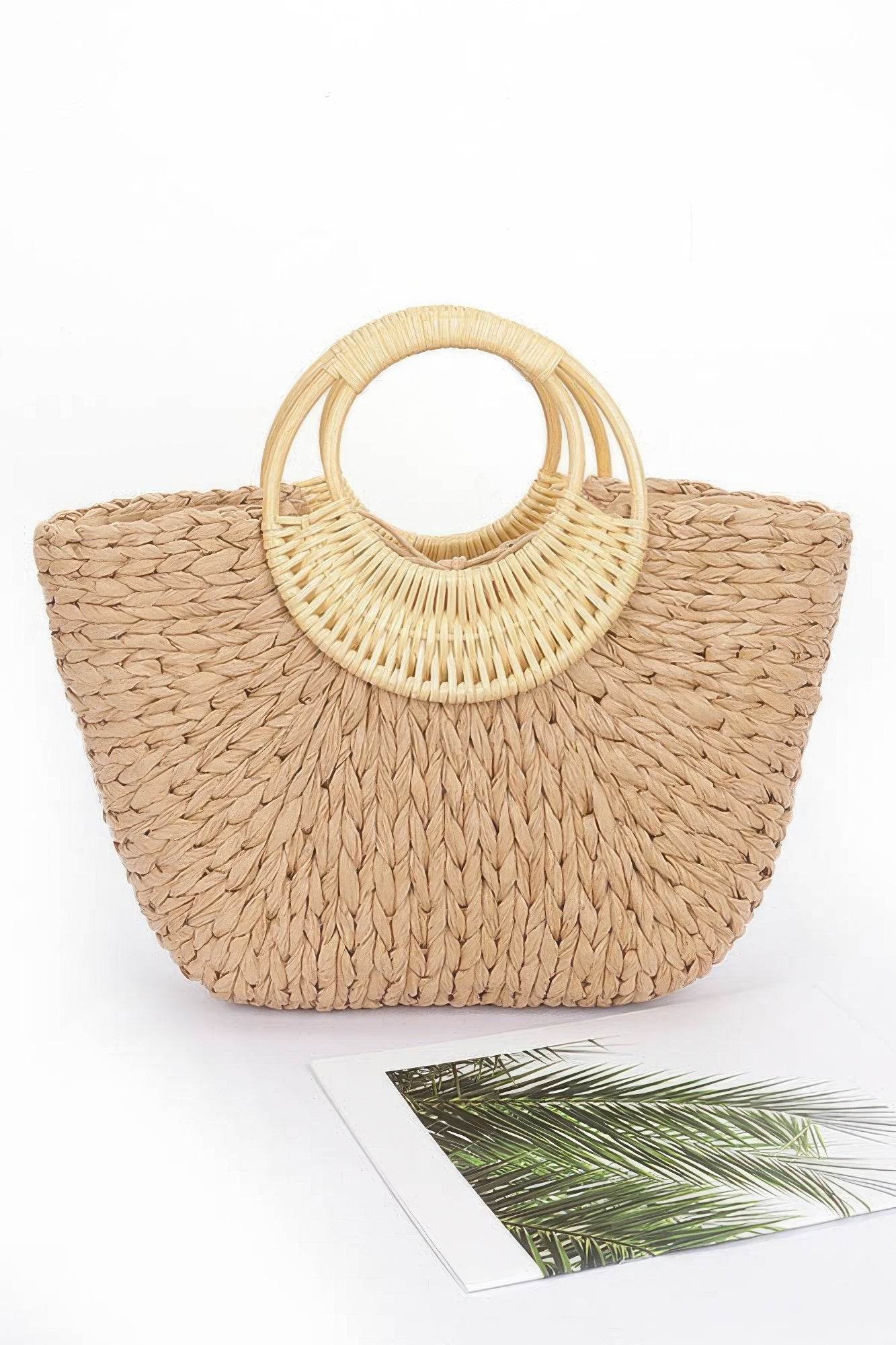 Faux Straw Bamboo Handle Tote Bag - us.meeeshop