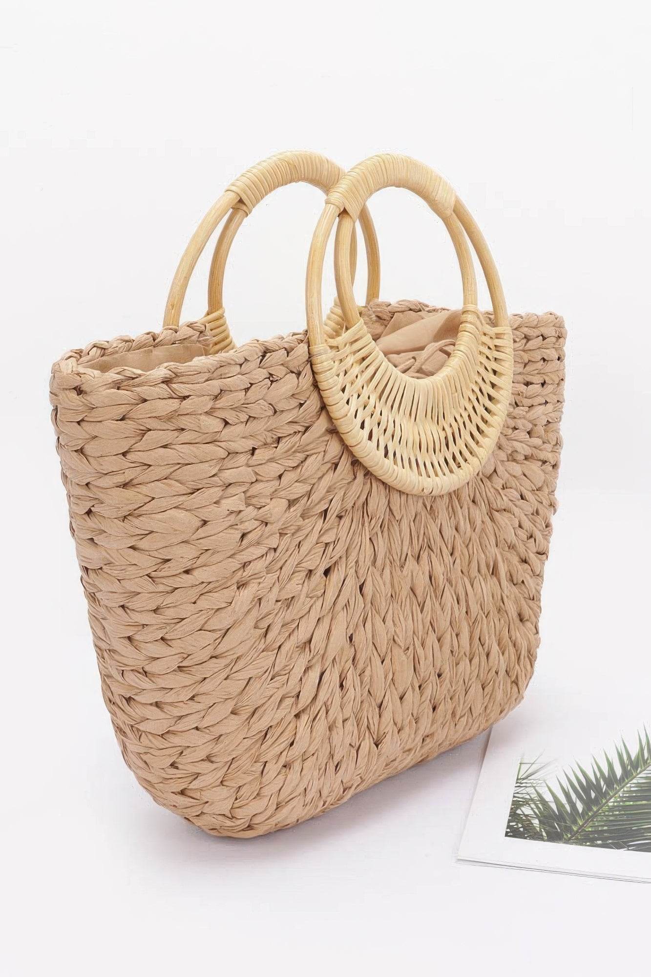 Faux Straw Bamboo Handle Tote Bag - us.meeeshop