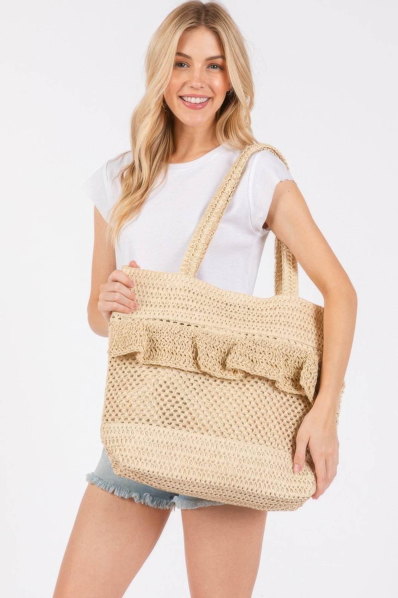 Ruffle Detail Crochet Straw Bag - us.meeeshop