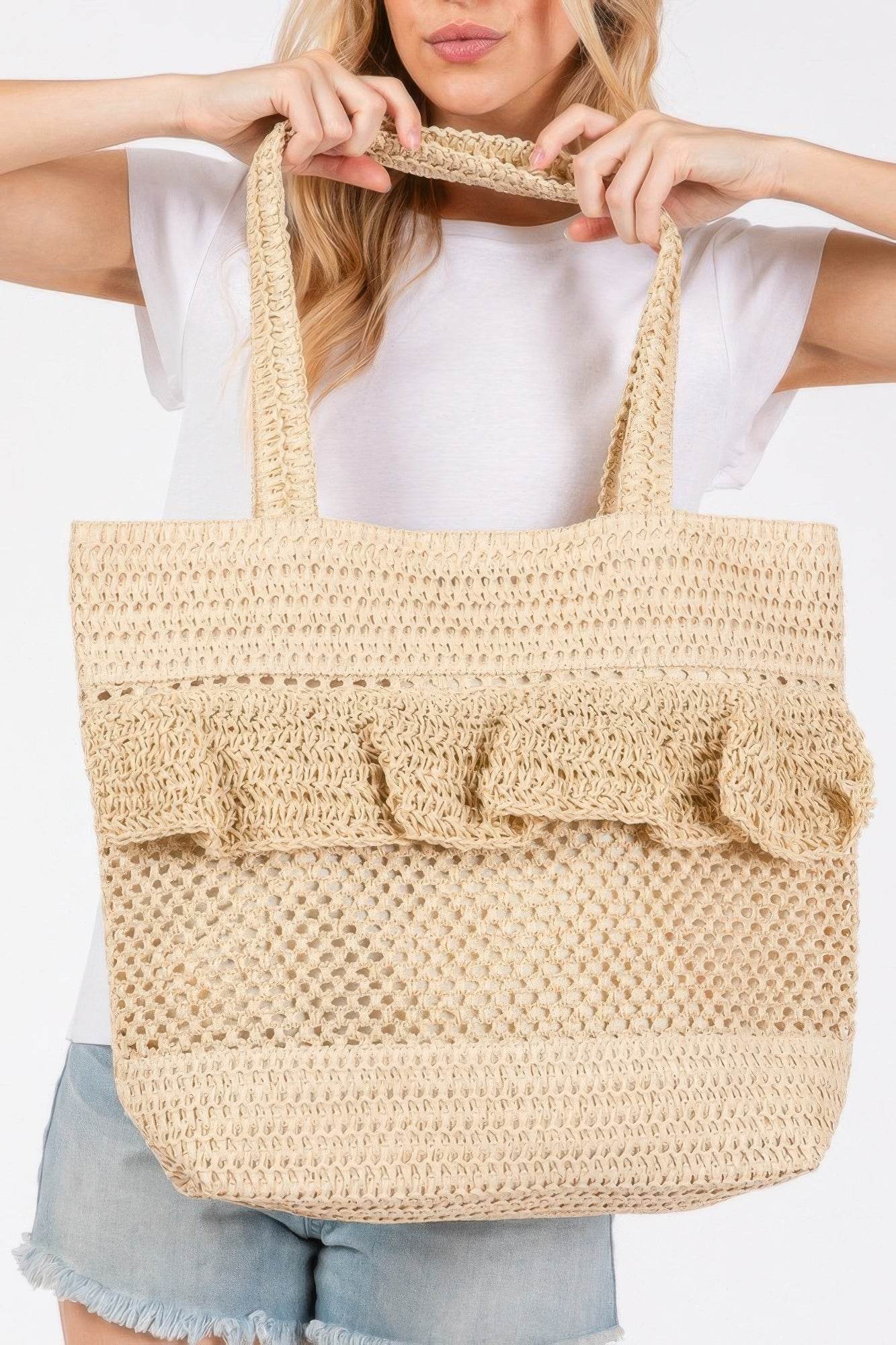 Ruffle Detail Crochet Straw Bag - us.meeeshop